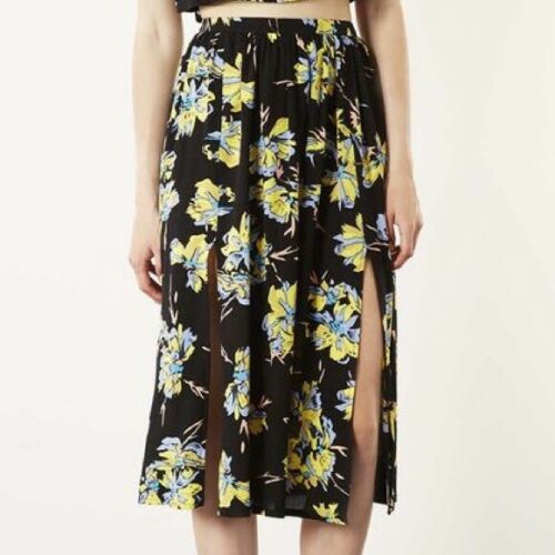 Topshop Women Skirt Size 6 Black Yellow Floral Flare Midi
